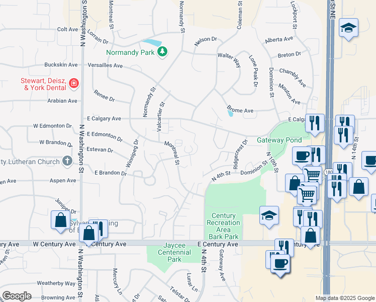 map of restaurants, bars, coffee shops, grocery stores, and more near 550 Brandon Place in Bismarck