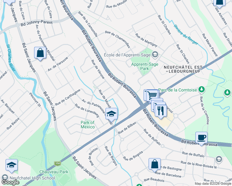 map of restaurants, bars, coffee shops, grocery stores, and more near 2235 Rue de la Havane in Québec