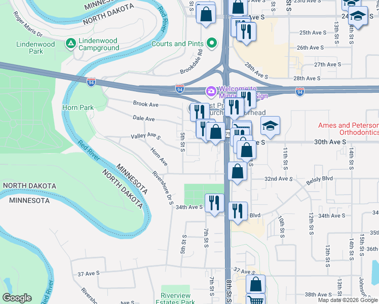 map of restaurants, bars, coffee shops, grocery stores, and more near 515 1/2 30th Avenue South in Moorhead