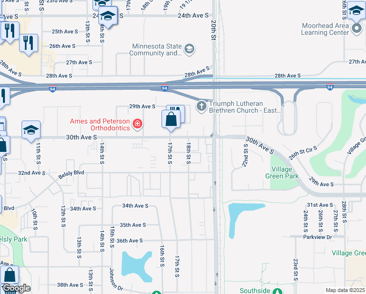 map of restaurants, bars, coffee shops, grocery stores, and more near 3009 18th Street South in Moorhead