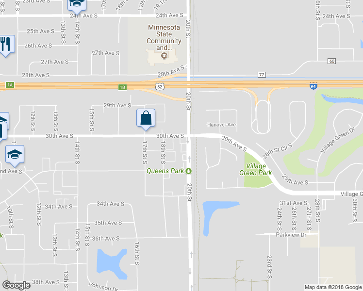 map of restaurants, bars, coffee shops, grocery stores, and more near 3003 20th Street South in Moorhead