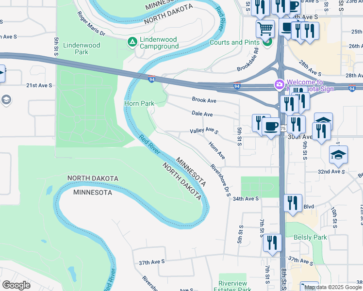 map of restaurants, bars, coffee shops, grocery stores, and more near 3119 Rivershore Drive South in Moorhead