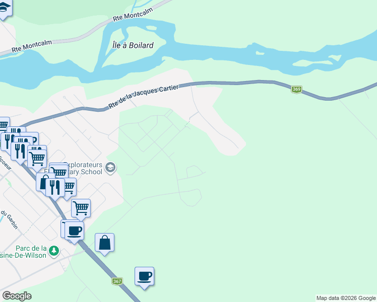 map of restaurants, bars, coffee shops, grocery stores, and more near Rue Guy-Linteau in Sainte-Catherine-de-la-Jacques-Cartier
