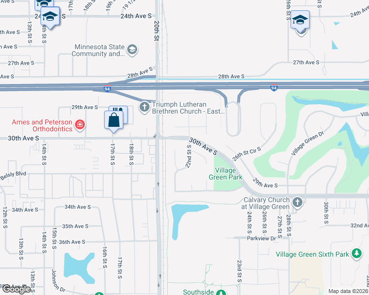 map of restaurants, bars, coffee shops, grocery stores, and more near 3007 22nd Street South in Moorhead