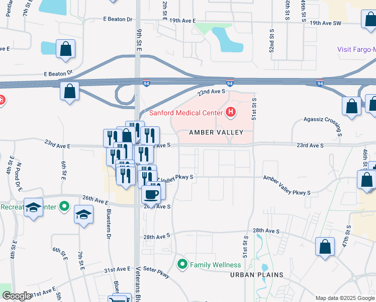 map of restaurants, bars, coffee shops, grocery stores, and more near 2312 55th Street South in Fargo