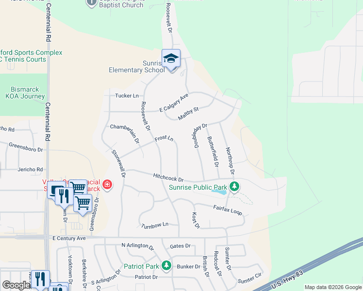 map of restaurants, bars, coffee shops, grocery stores, and more near 3331 Frost Lane in Bismarck