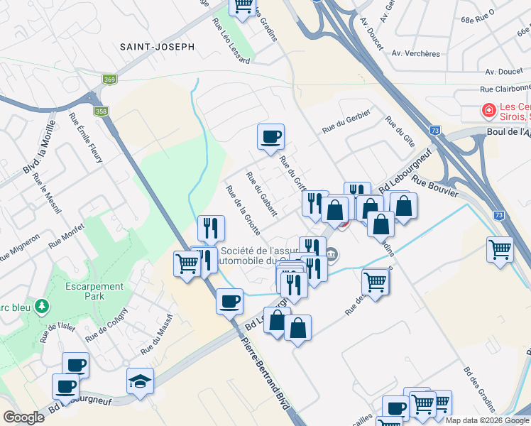 map of restaurants, bars, coffee shops, grocery stores, and more near 6305 Rue du Gabarit in Québec