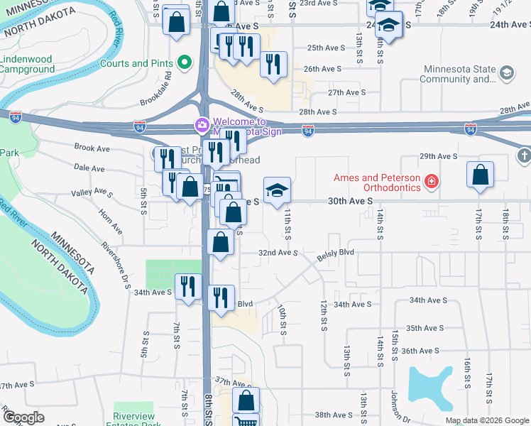 map of restaurants, bars, coffee shops, grocery stores, and more near 1001 30th Avenue South in Moorhead