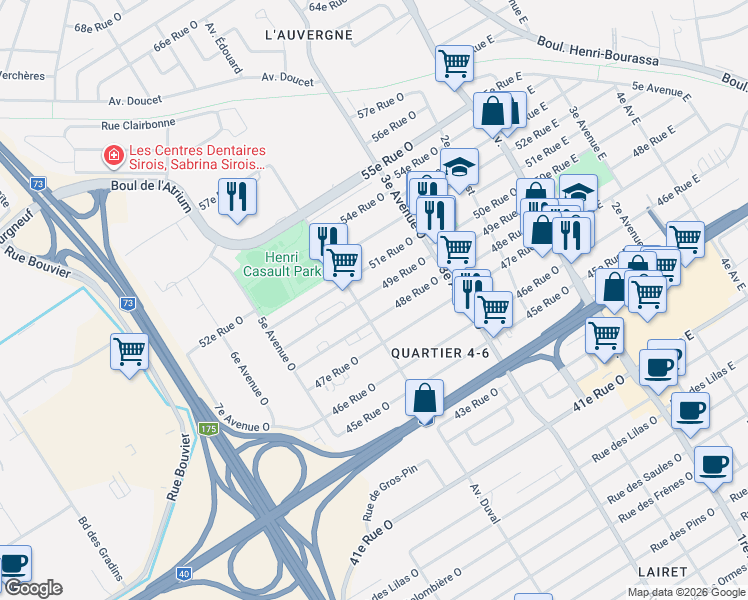 map of restaurants, bars, coffee shops, grocery stores, and more near 380 49e Rue Ouest in Québec