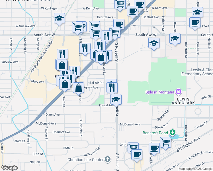 map of restaurants, bars, coffee shops, grocery stores, and more near 2901 South Russell Street in Missoula