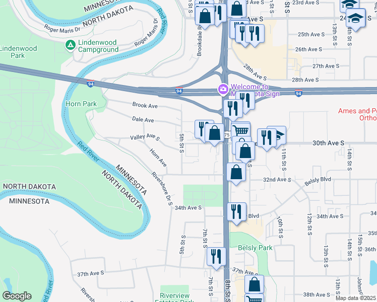 map of restaurants, bars, coffee shops, grocery stores, and more near 515 30th Avenue South in Moorhead