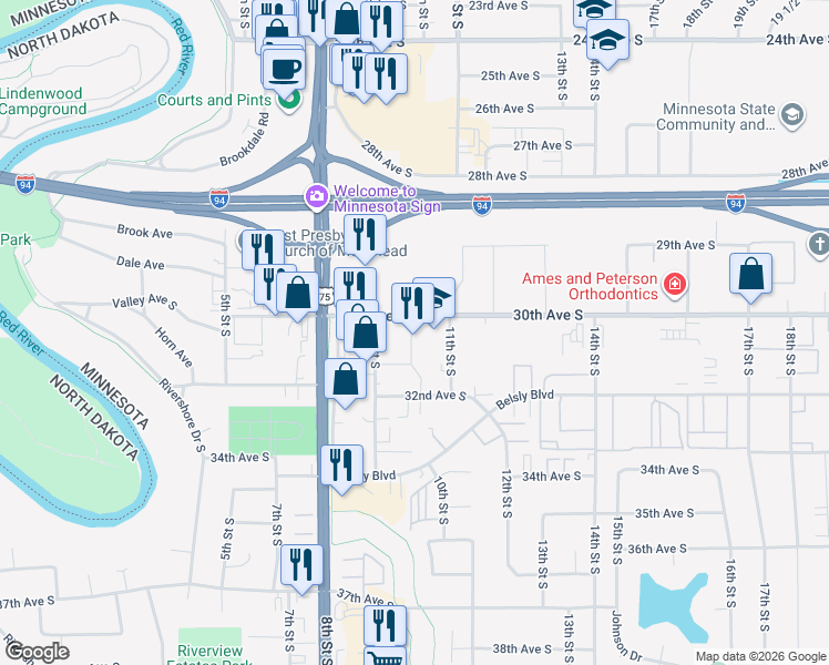 map of restaurants, bars, coffee shops, grocery stores, and more near 1001 30th Ave S in Moorhead