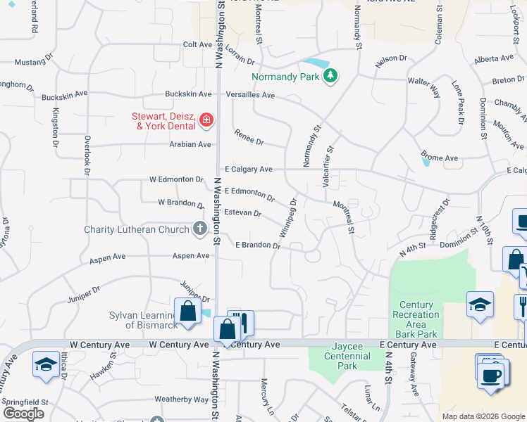 map of restaurants, bars, coffee shops, grocery stores, and more near 206 Estevan Drive in Bismarck