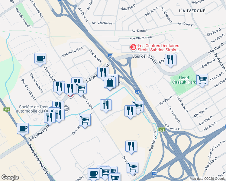 map of restaurants, bars, coffee shops, grocery stores, and more near 200 Rue Bouvier in Québec