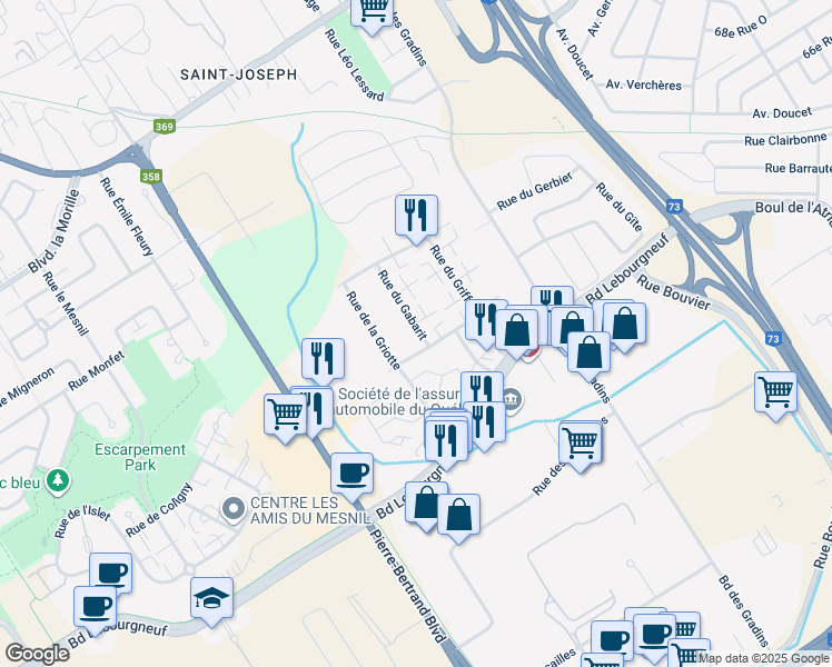 map of restaurants, bars, coffee shops, grocery stores, and more near 6305 Rue du Gabarit in Québec