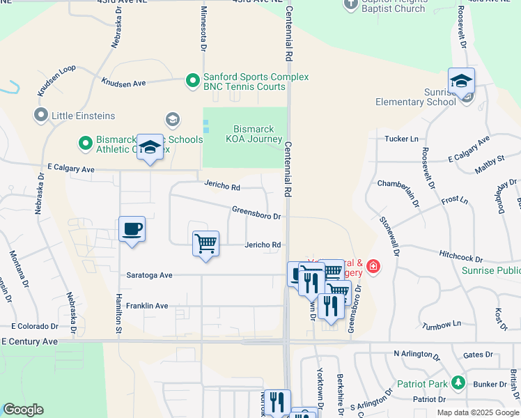 map of restaurants, bars, coffee shops, grocery stores, and more near Greensboro Drive in Bismarck