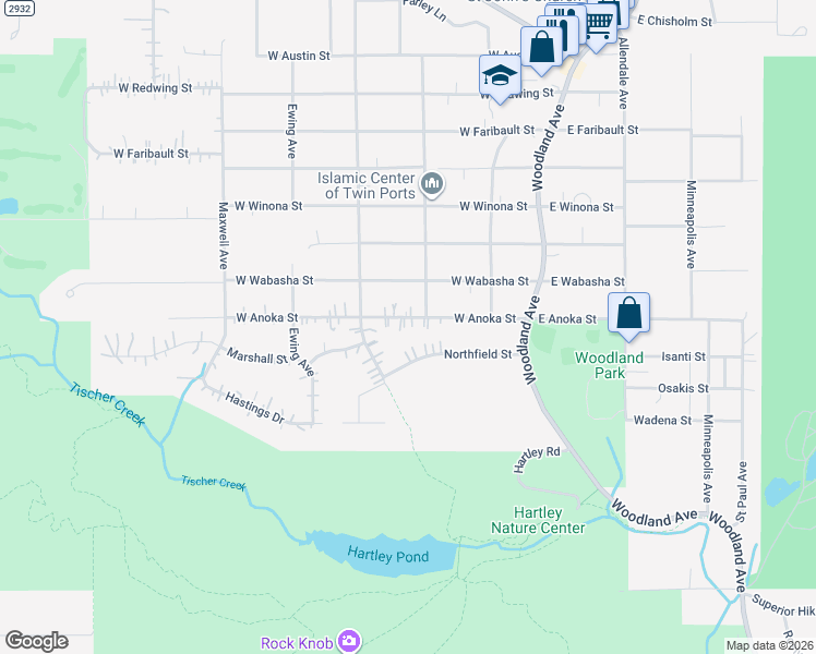 map of restaurants, bars, coffee shops, grocery stores, and more near 214 West Anoka Street in Duluth