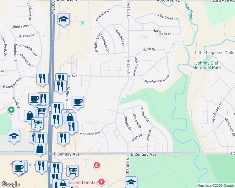 map of restaurants, bars, coffee shops, grocery stores, and more near 3540 North 19th Street in Bismarck