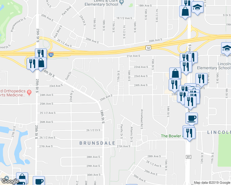 map of restaurants, bars, coffee shops, grocery stores, and more near 1703 25th Avenue South in Fargo