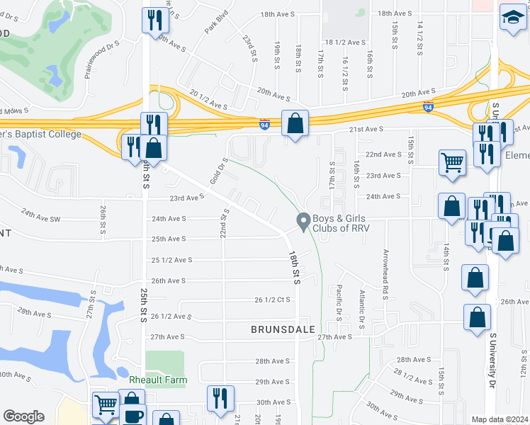 map of restaurants, bars, coffee shops, grocery stores, and more near 2416 18th Street South in Fargo