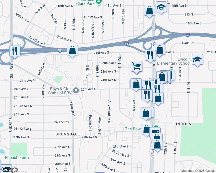 map of restaurants, bars, coffee shops, grocery stores, and more near 1525 25th Avenue South in Fargo