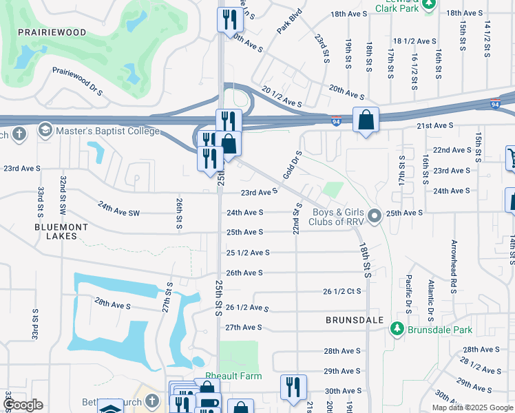 map of restaurants, bars, coffee shops, grocery stores, and more near 2313 24th Ave S in Fargo