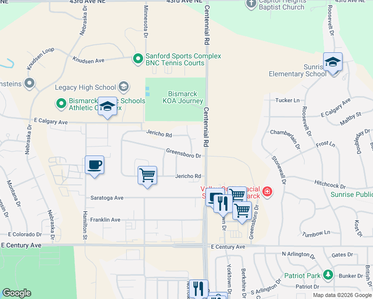 map of restaurants, bars, coffee shops, grocery stores, and more near Greensboro Drive in Bismarck