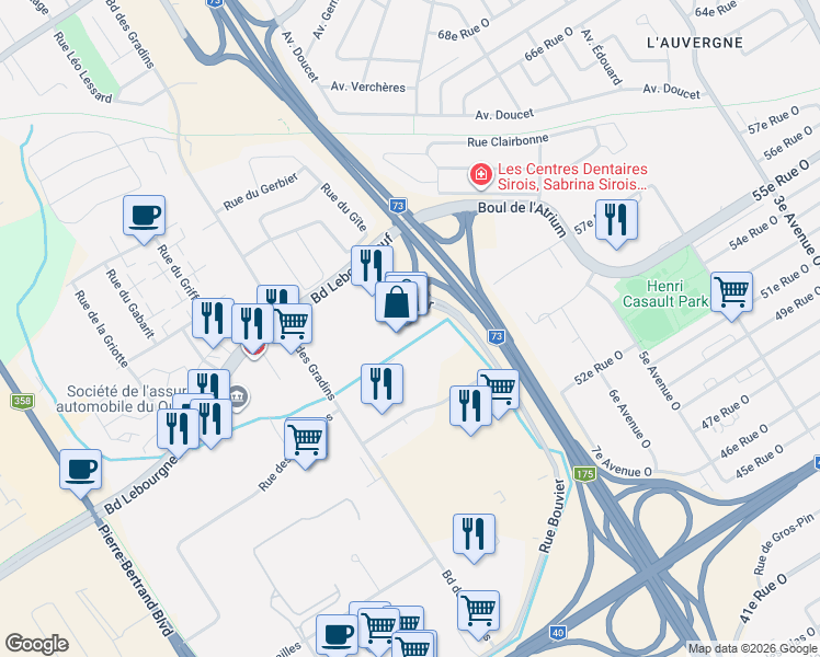 map of restaurants, bars, coffee shops, grocery stores, and more near 200 Rue Bouvier in Québec