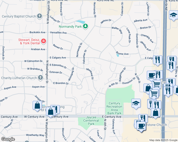 map of restaurants, bars, coffee shops, grocery stores, and more near 3476 Montreal Street in Bismarck