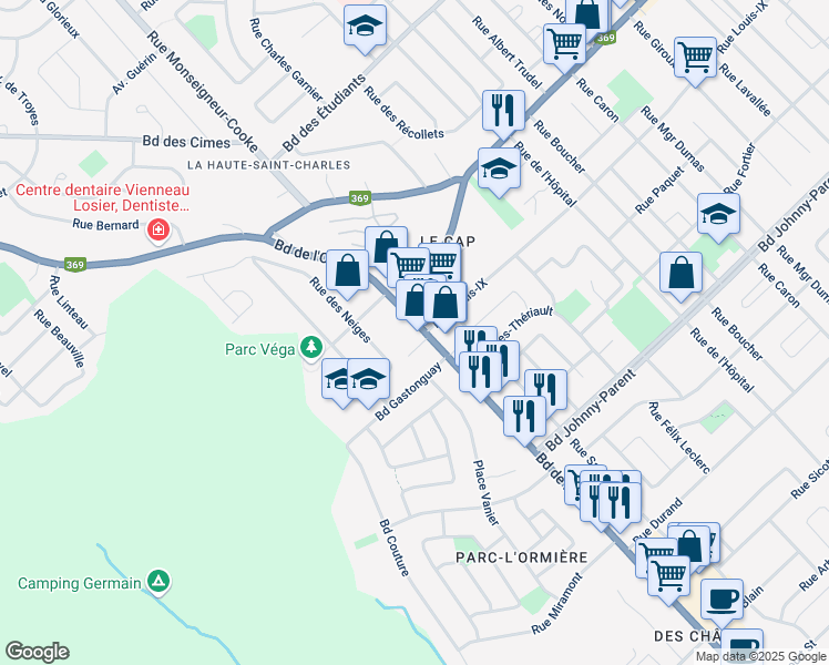 map of restaurants, bars, coffee shops, grocery stores, and more near 10700 Boulevard de l'Ormière in Québec