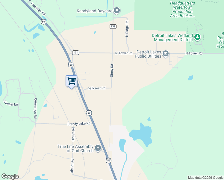 map of restaurants, bars, coffee shops, grocery stores, and more near 18615 Stony Rd in Detroit Lakes