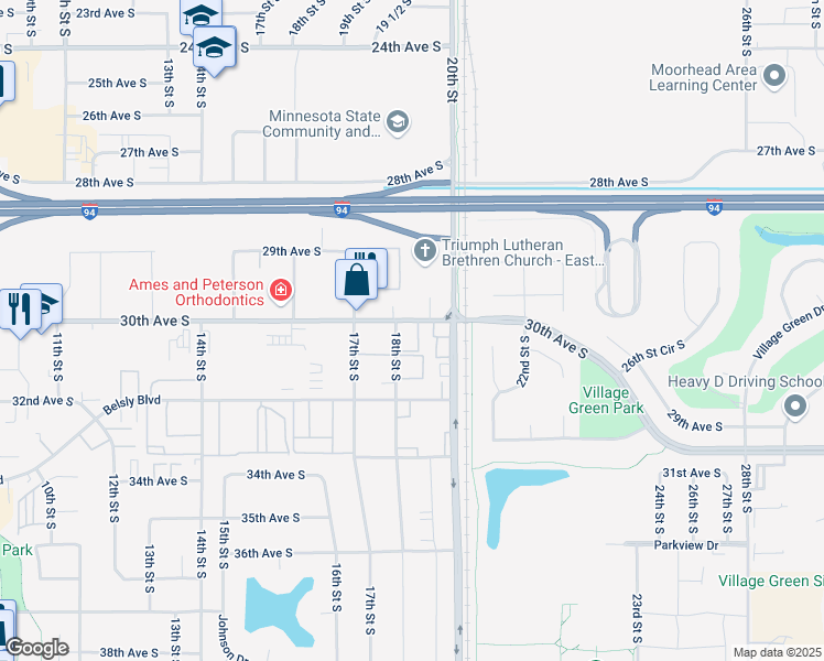 map of restaurants, bars, coffee shops, grocery stores, and more near 3009 18th Street South in Moorhead