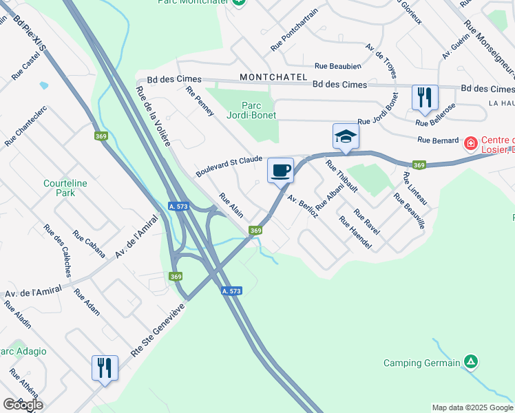 map of restaurants, bars, coffee shops, grocery stores, and more near 12560 Rue du Cormoran in Quebec