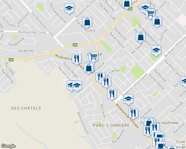 map of restaurants, bars, coffee shops, grocery stores, and more near 10700 Boulevard de l'Ormière in Québec