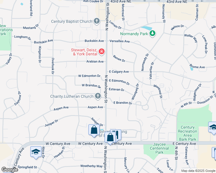 map of restaurants, bars, coffee shops, grocery stores, and more near 3505 North Washington Street in Bismarck