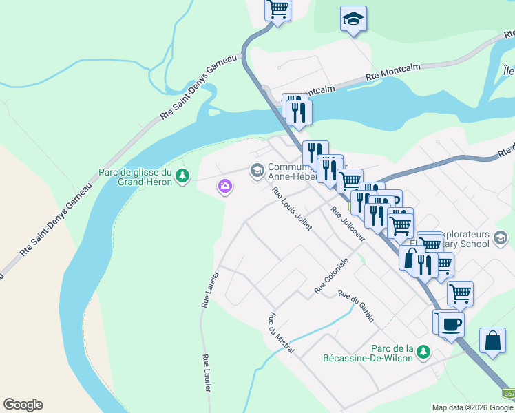 map of restaurants, bars, coffee shops, grocery stores, and more near 24 Rue Laurier in Sainte-Catherine-de-la-Jacques-Cartier