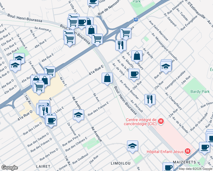 map of restaurants, bars, coffee shops, grocery stores, and more near 3325 Rue des Aulnes in Ville de Québec