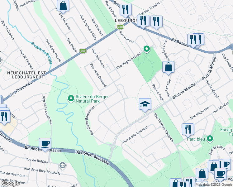 map of restaurants, bars, coffee shops, grocery stores, and more near 1619 Rue Claire-Bonenfant in Québec