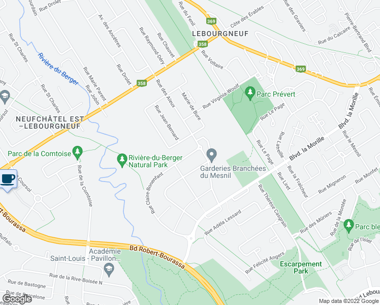 map of restaurants, bars, coffee shops, grocery stores, and more near 1630 Rue Claire-Bonenfant in Québec