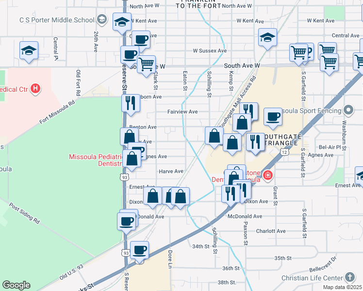 map of restaurants, bars, coffee shops, grocery stores, and more near 2941 Eaton Street in Missoula