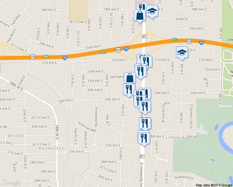 map of restaurants, bars, coffee shops, grocery stores, and more near 1401 25th Avenue South in Fargo