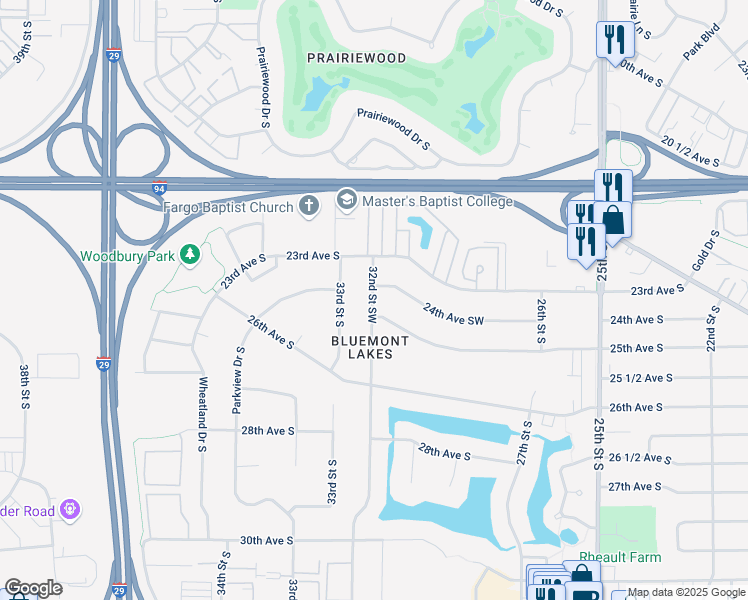 map of restaurants, bars, coffee shops, grocery stores, and more near 3126 25th Avenue Southwest in Fargo
