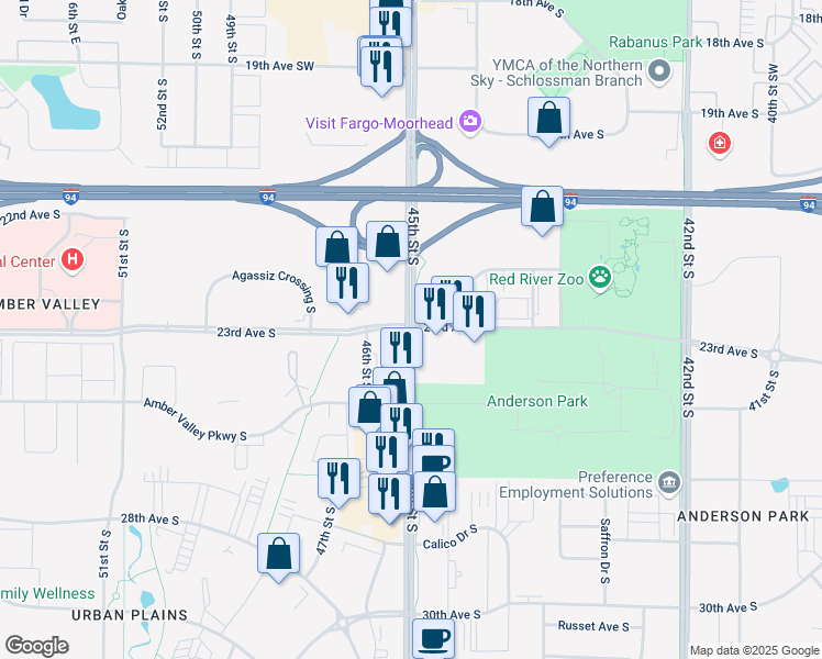 map of restaurants, bars, coffee shops, grocery stores, and more near in Fargo