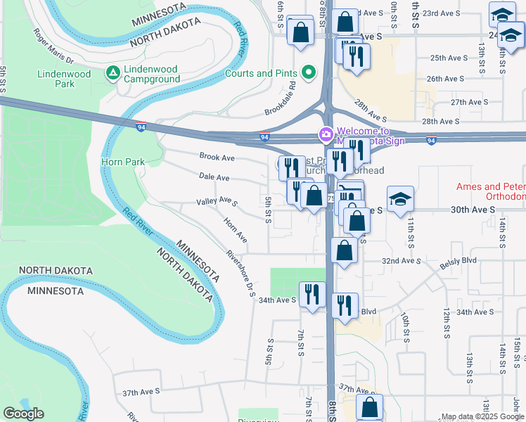 map of restaurants, bars, coffee shops, grocery stores, and more near 2923 5th Street South in Moorhead