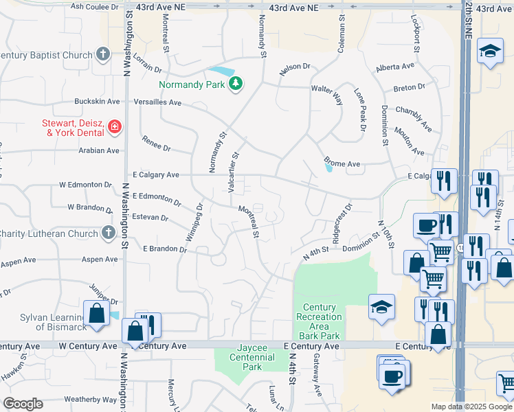 map of restaurants, bars, coffee shops, grocery stores, and more near 3415 Montreal Street in Bismarck