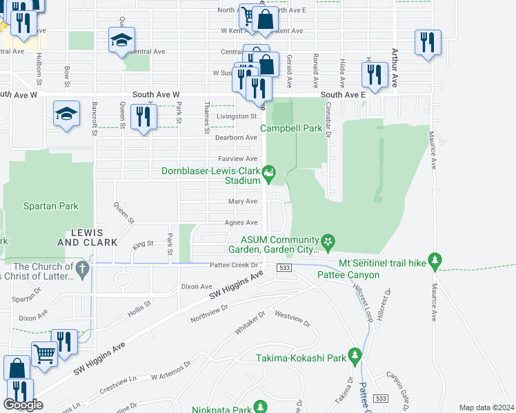 map of restaurants, bars, coffee shops, grocery stores, and more near 101 Mary Avenue in Missoula