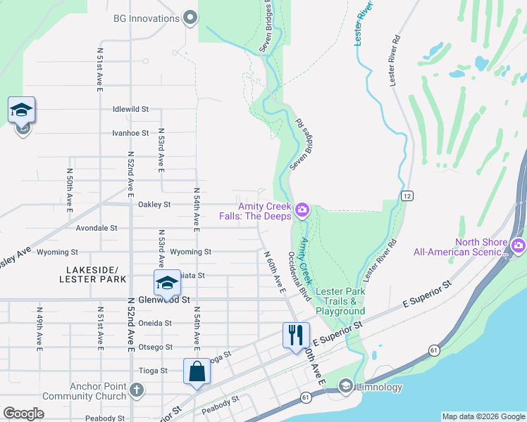 map of restaurants, bars, coffee shops, grocery stores, and more near 6010 Avondale Street in Duluth