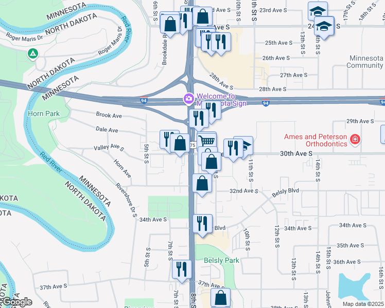 map of restaurants, bars, coffee shops, grocery stores, and more near 8th Street South in Moorhead