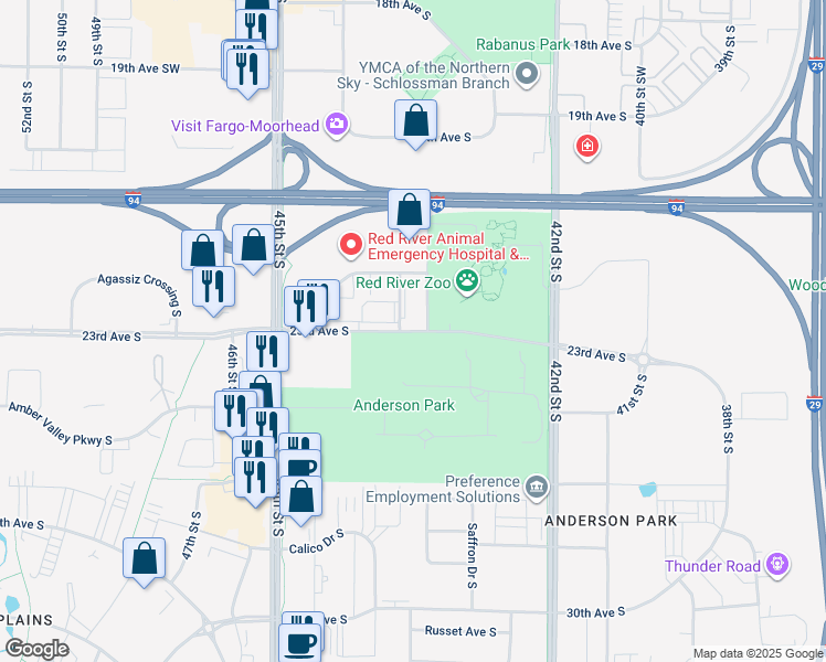 map of restaurants, bars, coffee shops, grocery stores, and more near 4255 23rd Avenue South in Fargo