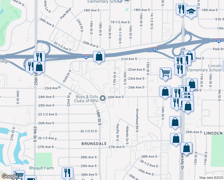 map of restaurants, bars, coffee shops, grocery stores, and more near 2401 17th Street South in Fargo